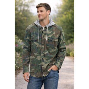 PacSun Camo Hooded Button Shirt Jacket Mens Large Military Utility Hoodie